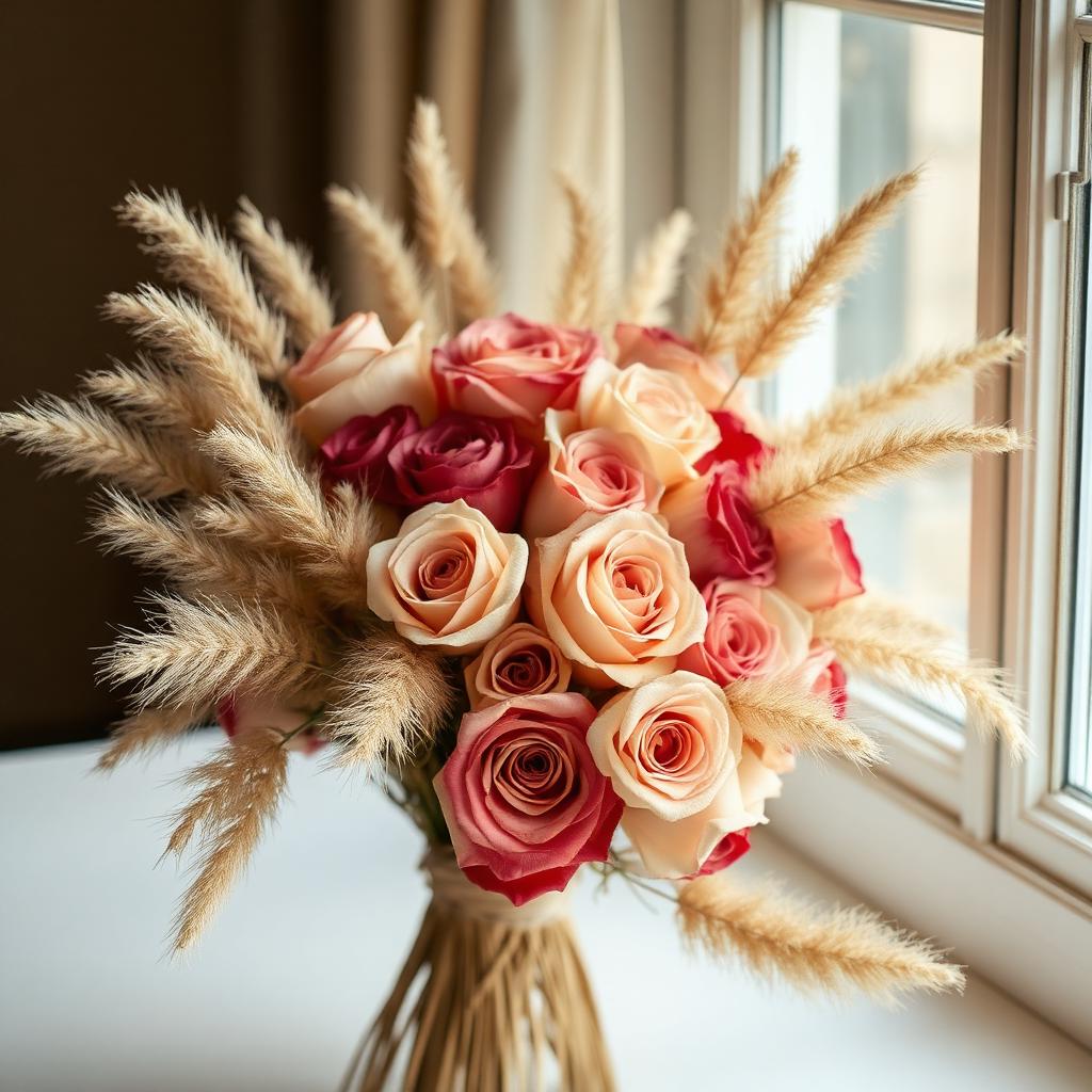 A bouquet of roses by the window